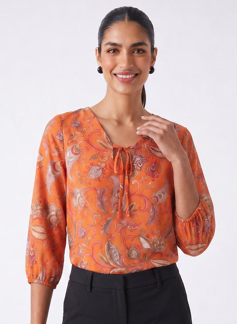 Orange Printed Deep V Neck Top