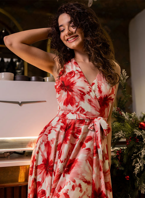 Deep Vneck Halter Printed Maxi Dress