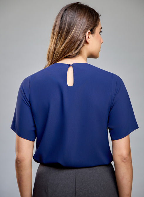 Pleated Neck Chiffon Navy Top