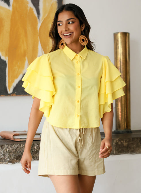 Frilled Cotton Shirt Top Yellow