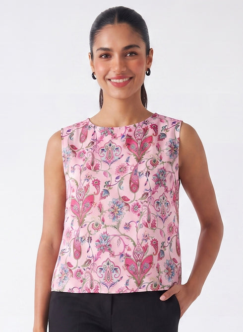 Pink Printed Sleeveless Crop Top