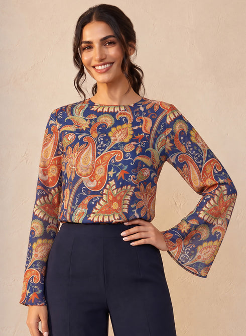 Blue Printed Sleeve Flared Top