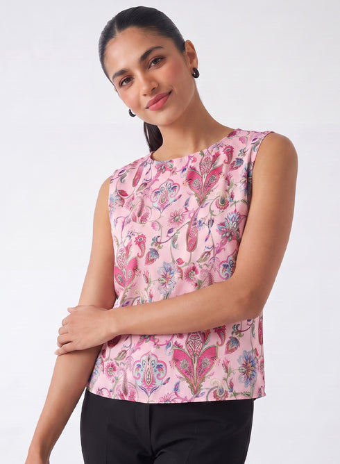 Pink Printed Sleeveless Crop Top