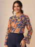 Blue Printed Sleeve Flared Top