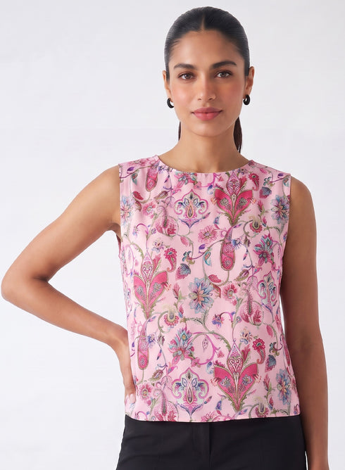 Pink Printed Sleeveless Crop Top