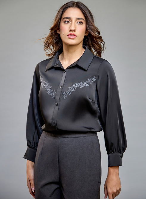 Black Embroidered Long Sleeve Shirt
