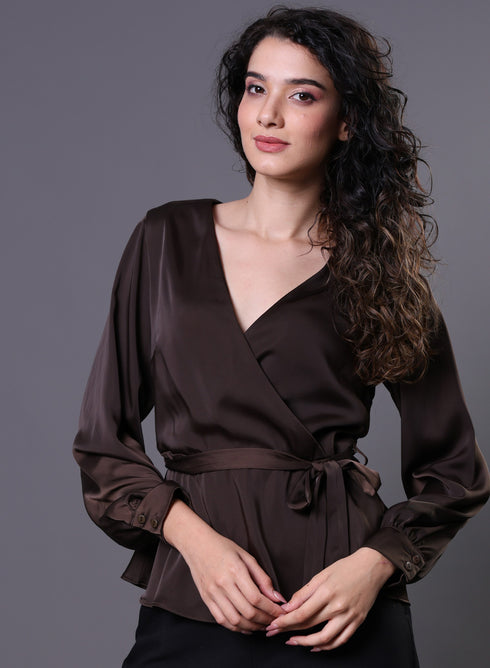 Peplum Waist Tie Brown Top