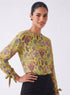 Yellow Printed Long Sleeve Tie Up Top