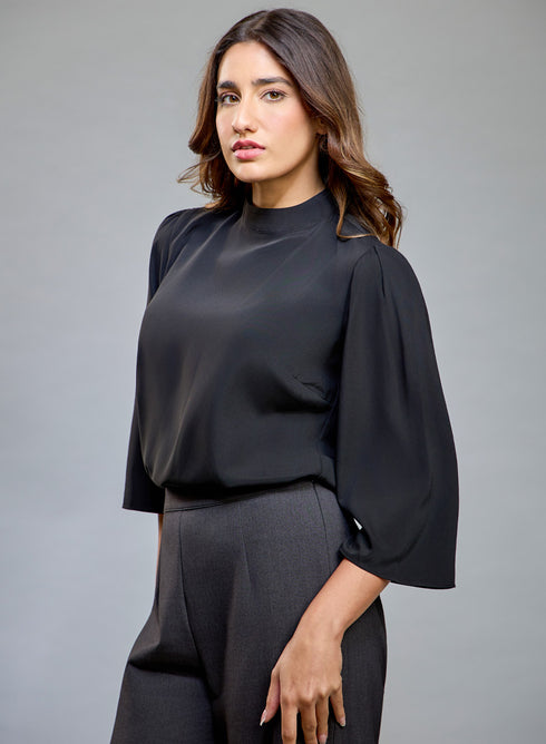 High Neck Flared Sleeve Top