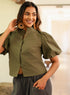 Green Front Detail Balloon Sleeve Top