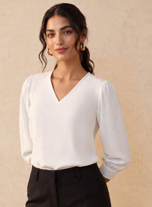 V Neck Long Sleeve Cotton Top
