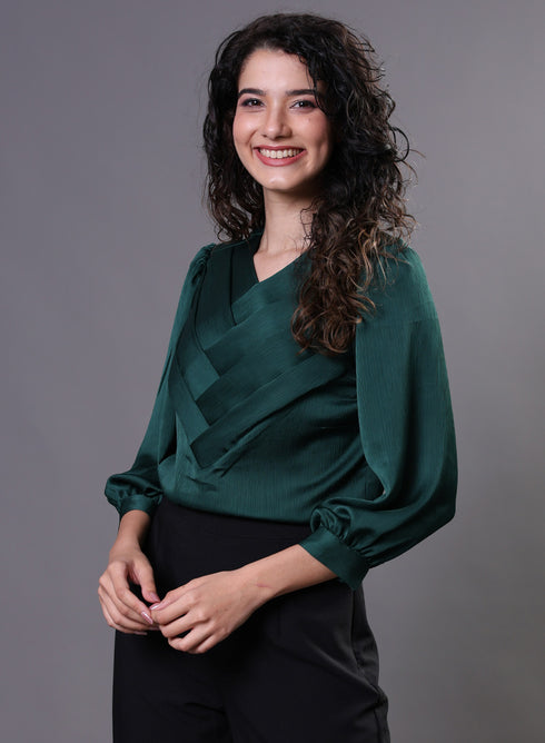 Green Side Pleated Chiffon Top