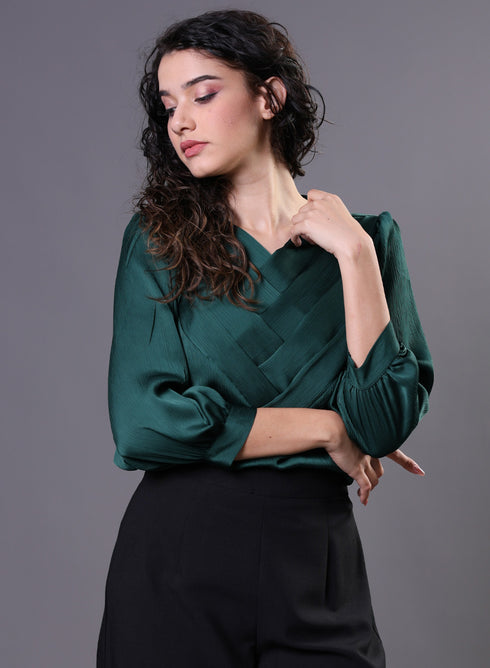 Green Side Pleated Chiffon Top