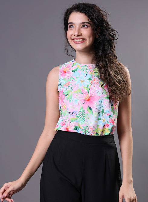 Sleeveless Pink Floral Printed Top