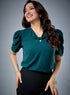 Neck Gathered Satin Short Sleeve Dark Green Top