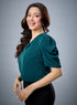 Neck Gathered Satin Short Sleeve Dark Green Top