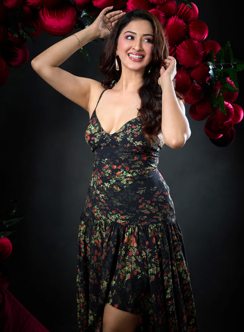 Deep VNeck Printed High Low Maxi