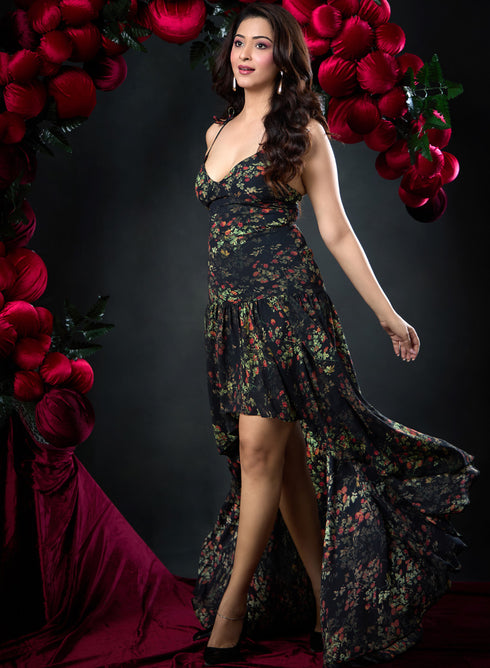 Deep VNeck Printed High Low Maxi