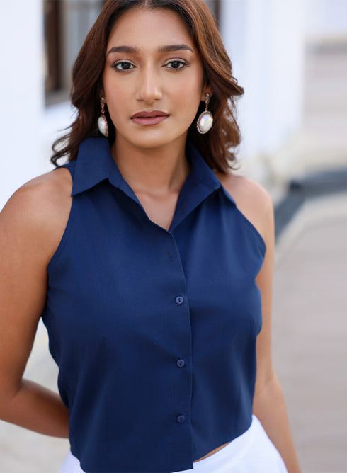 Navy Blue Halter Neck Crop Top