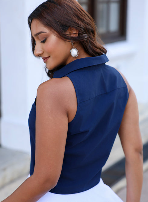 Navy Blue Halter Neck Crop Top
