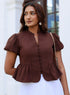 Dark Brown Front Button Peplum Top