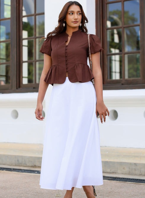 Dark Brown Front Button Peplum Top
