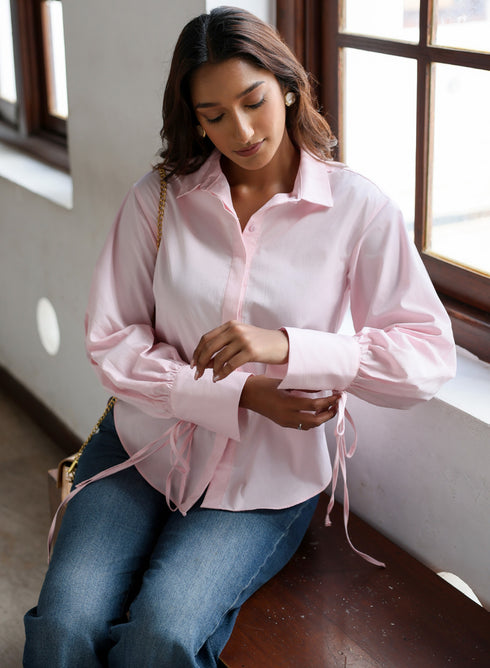 Light Pink Cuff Tie Oversized Top