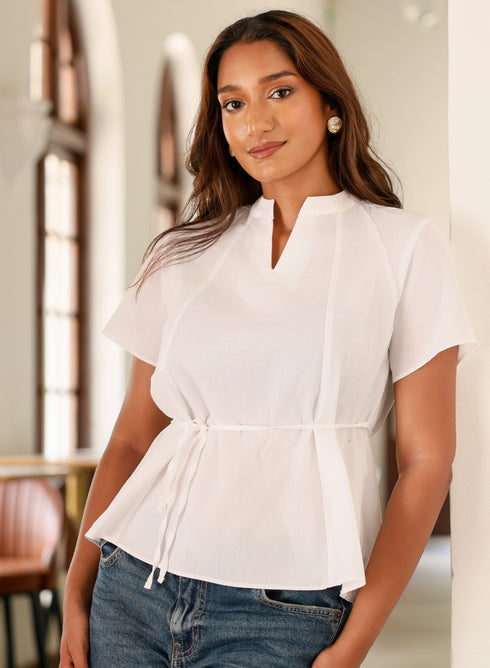 Off White Cotton Midi Shirt Top