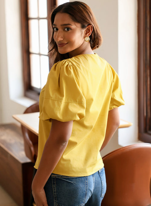 Lime Yellow Keyhole Round Neck Top