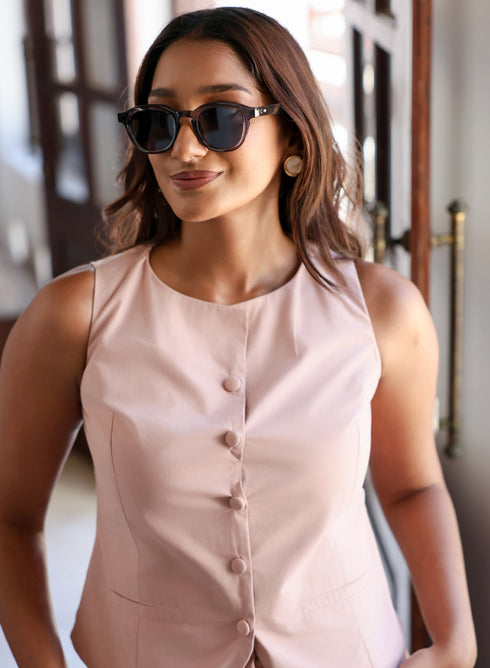 Beige Sleeveless Blazer Cotton Top