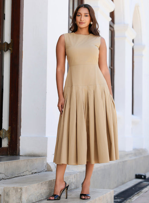 Beige Low Waist Cotton Formal Dress