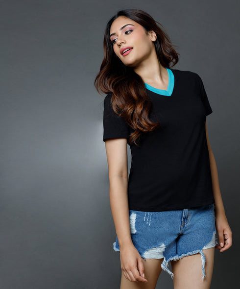 Vneck With Contrast Rib Tshirt