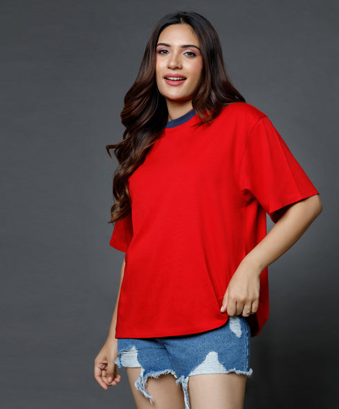 Mid Oversized Contrast Rib Red Tshirt