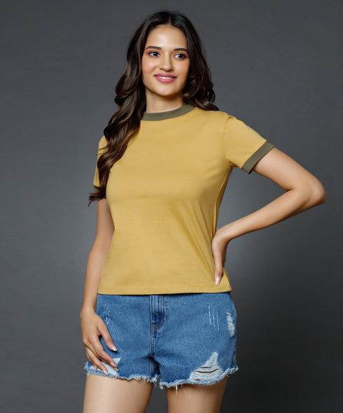 Sleeve Cuff And Neck Rib Khaki Basic Crew Neck Tshirt