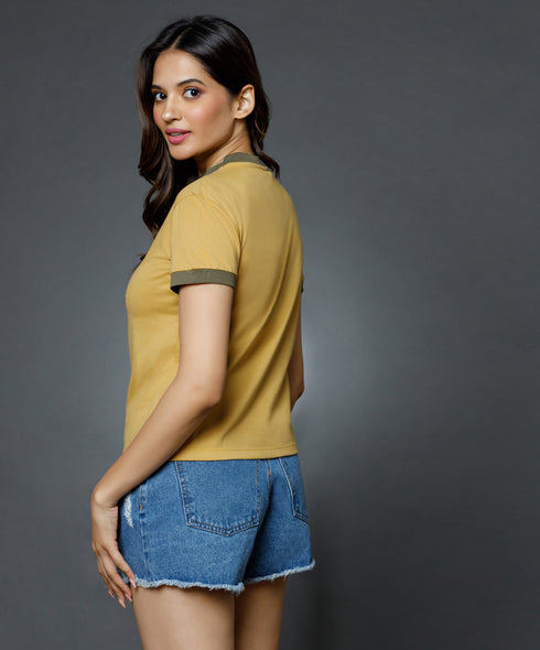 Sleeve Cuff And Neck Rib Khaki Basic Crew Neck Tshirt
