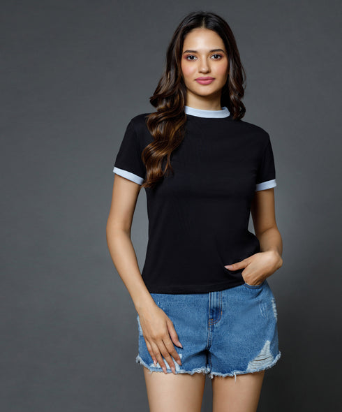 Sleeve Cuff And Neck Rib Black Basic Crew Neck Tshirt