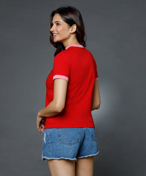Sleeve Cuff And Neck Rib Red Basic Crew Neck Tshirt