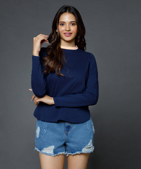 Long Sleeve Blue Crew Neck T-Shirt