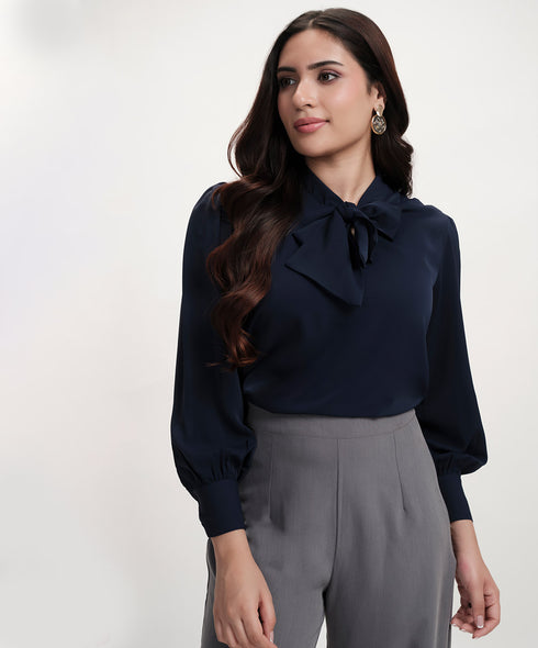 Neck Tie Chiffon Solid Blue Top