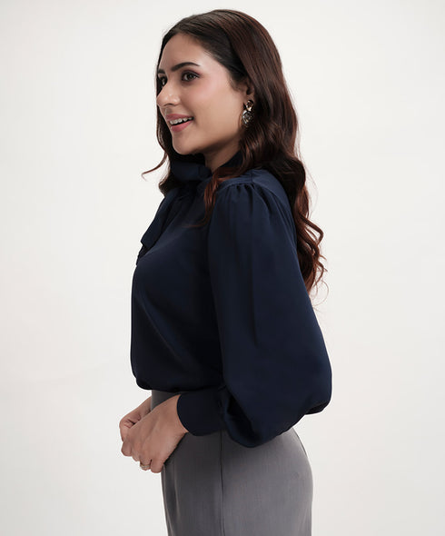 Neck Tie Chiffon Solid Blue Top