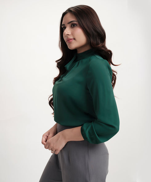 Neck Tie Long Sleeve Green Chiffon Top