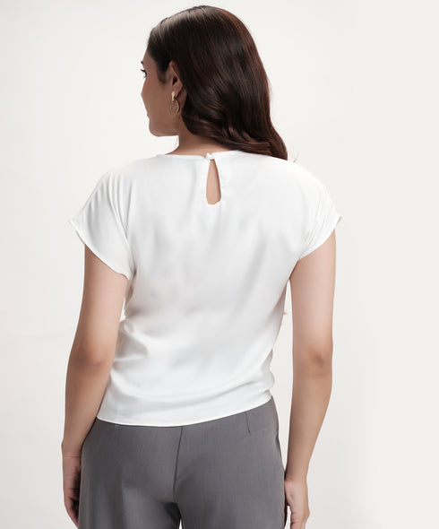 Waist Tie Round Neck Satin White Top
