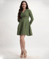 Vneck Mini Long Sleeve Flared Green Dress