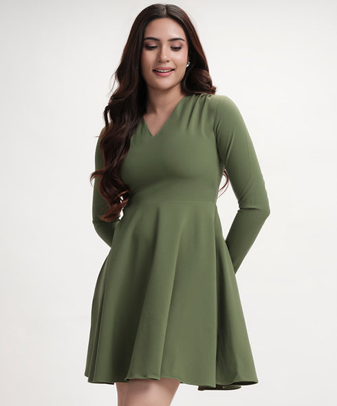 Vneck Mini Long Sleeve Flared Green Dress