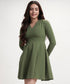 Vneck Mini Long Sleeve Flared Green Dress