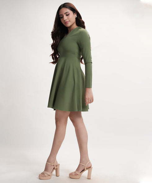 Vneck Mini Long Sleeve Flared Green Dress