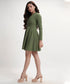 Vneck Mini Long Sleeve Flared Green Dress