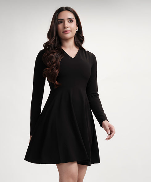Vneck Mini Long Sleeve Flared Black Dress
