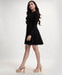 Vneck Mini Long Sleeve Flared Black Dress
