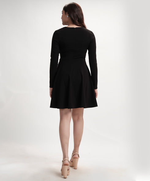 Vneck Mini Long Sleeve Flared Black Dress